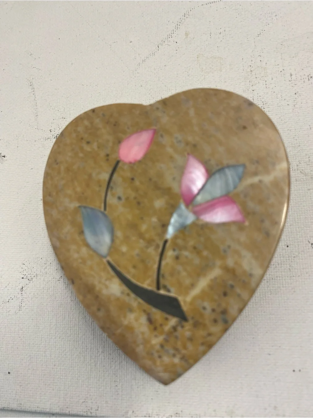 Vintage Heart Shaped Stone Trinket Box with Inlaid Pink and Blue made in India